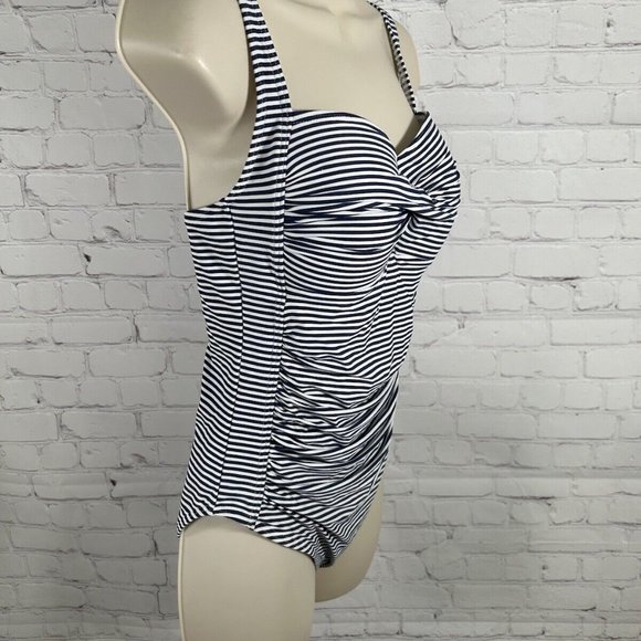 Nip Tuck One Piece Swimsuit Bathing Suit Navy White Stripes Multi Fit Cups US 8 - Picture 2 of 8